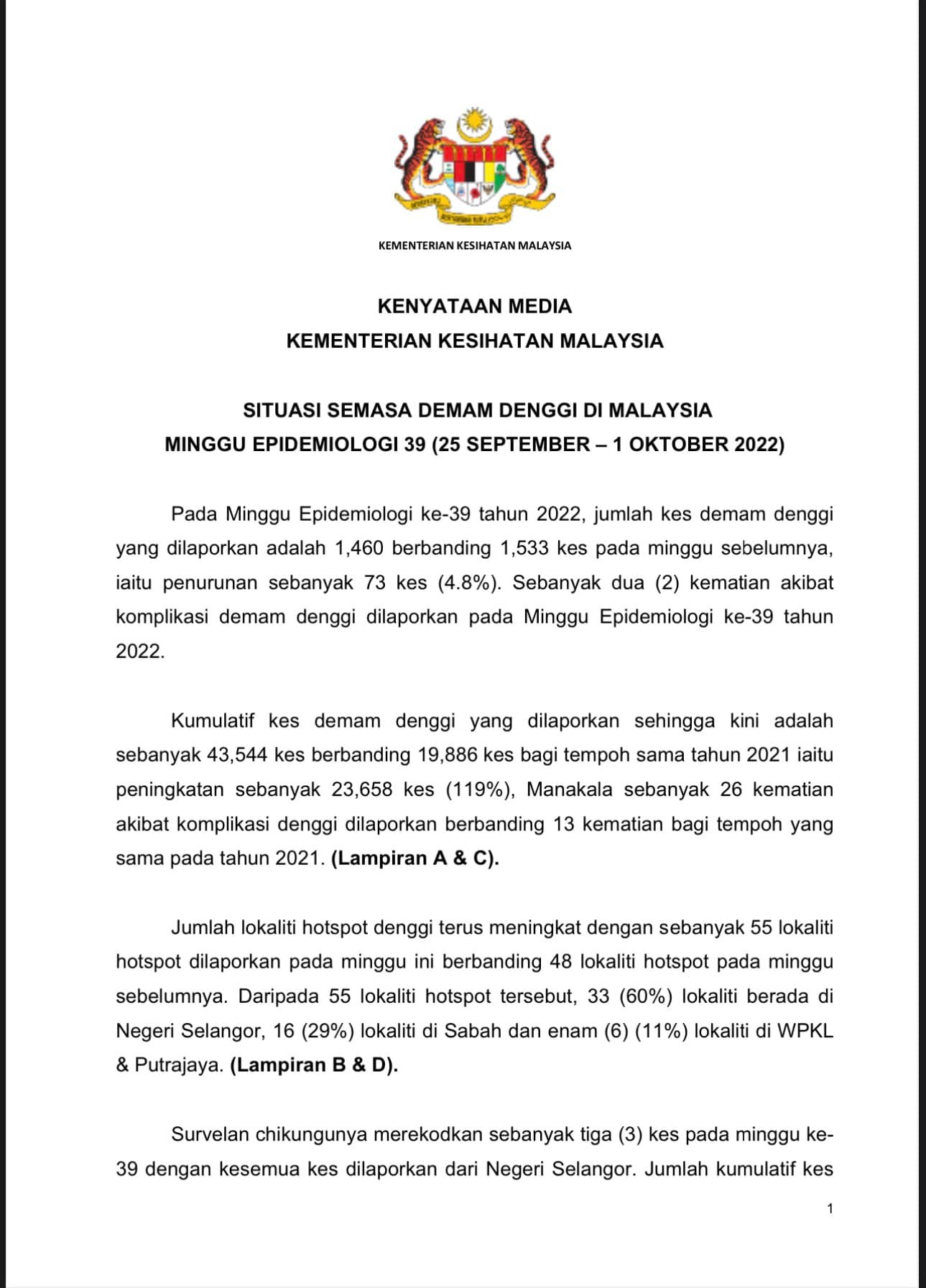 KENYATAAN MEDIA... - KEMENTERIAN KESIHATAN MALAYSIA | Facebook