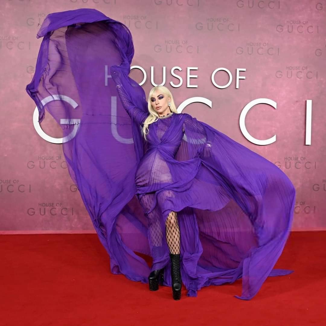 lady gaga lavender dress stunning #Lady in this purple from Gucci Love Parade collection for the premiere of #HouseOfGucci in England id_verification