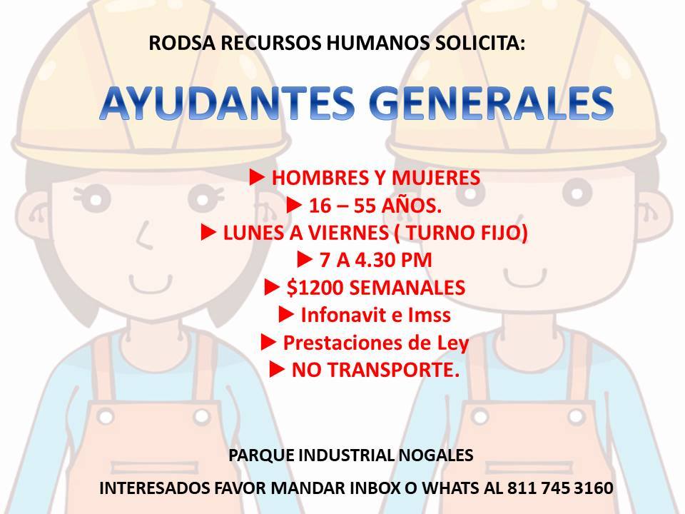 RODSA Recursos Humanos - RODSA SOLICITA: AYUDANTES GENERALES HOMBRES Y ...