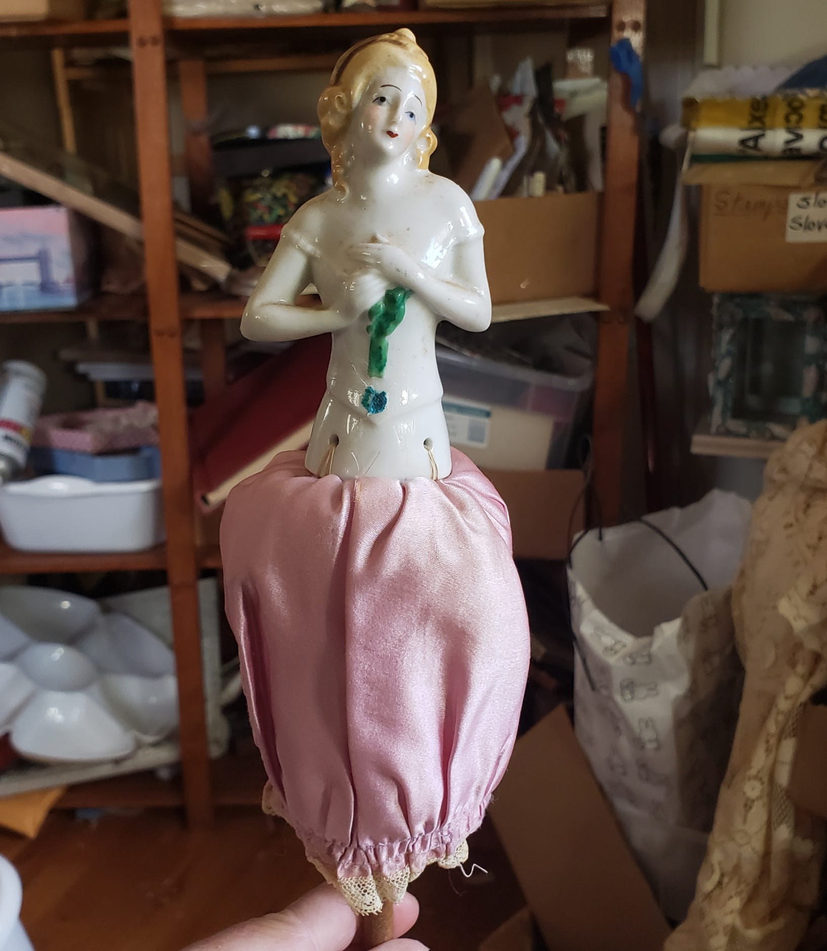 Antique half doll repurposed into a pincushion display picture 1