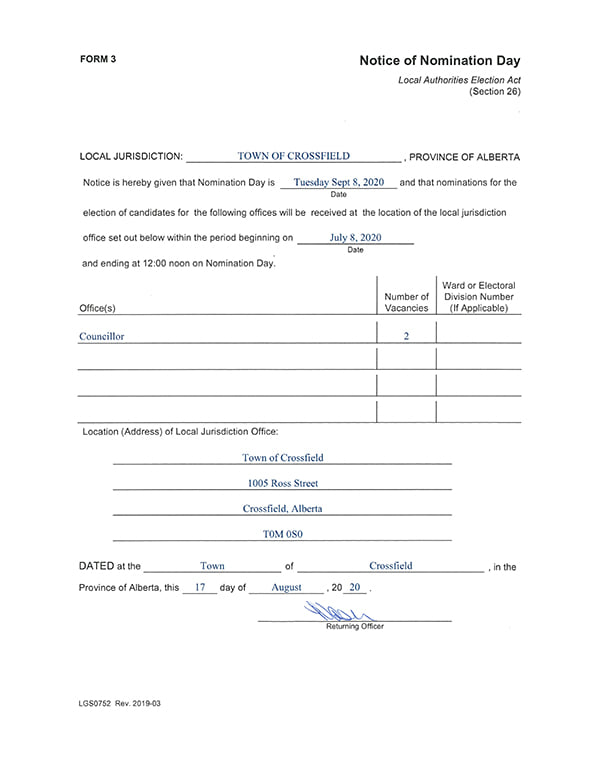 A reminder that nominations for the... - Town of Crossfield