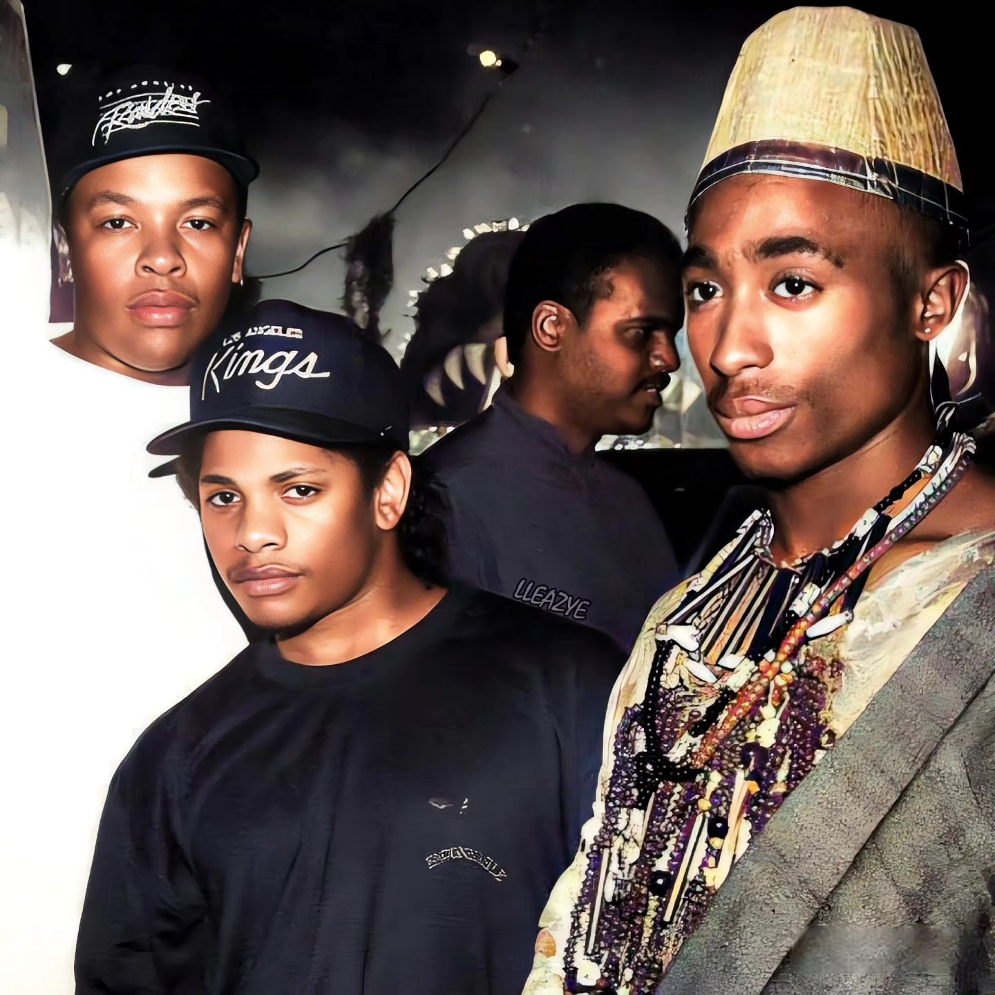 Shock G, Dr Dre, Eazy-E & 2PAC on the set of 