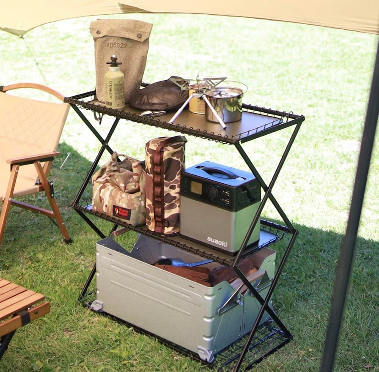 CAMP MANIA - Quick Camp🇯🇵 Folding Wire 3-Stage Rack Khaki...
