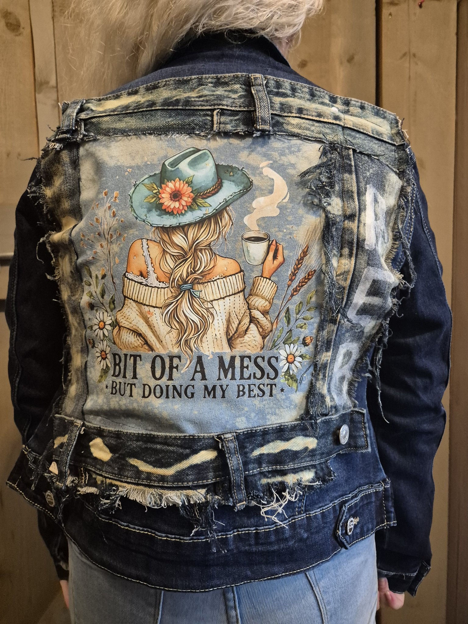 Upcycled old jeans into jacket and jewelry