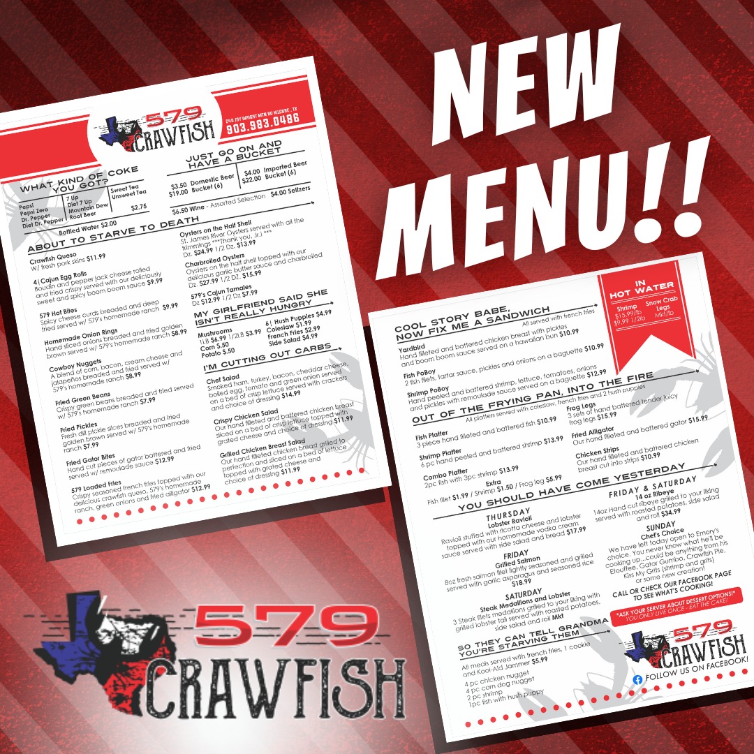 579 Crawfish - NEW MENU! Our 🌟NEW🌟 menu is available to... | Facebook
