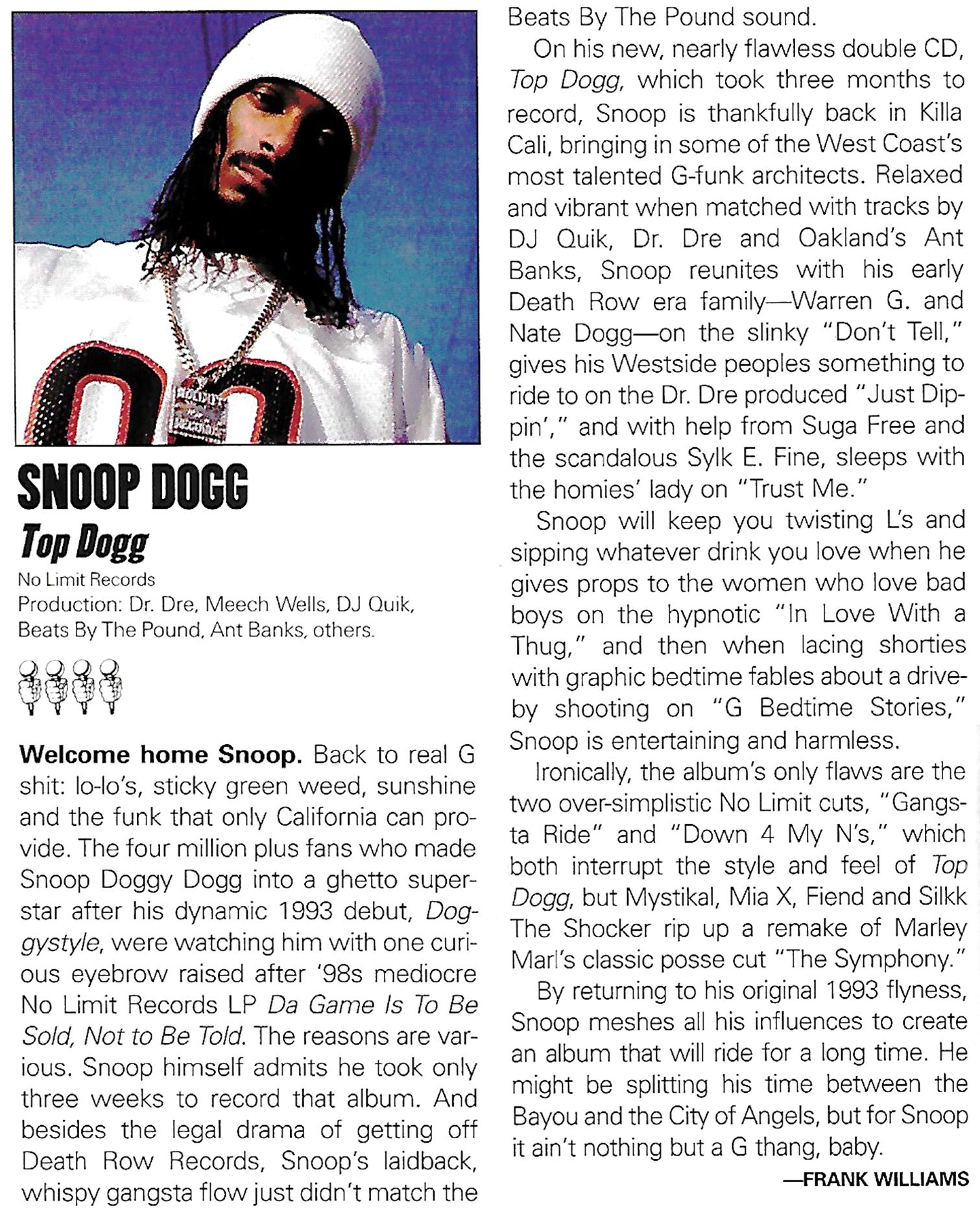 当時rap sheet snoop doggy dogg hip hop歴史 Review of Snoop Doggy Dogg's 'Doggystyle' from the Feb '94 issue