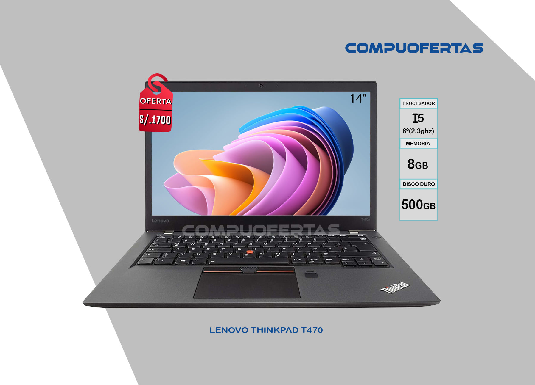 PC Portable Lenovo T470 - Intel I5-6200U 2.8GHz, 8 Go RAM, 240 Go SSD, écran 14" 1366x768, Windows 10 - Reconditionné Très Bon état