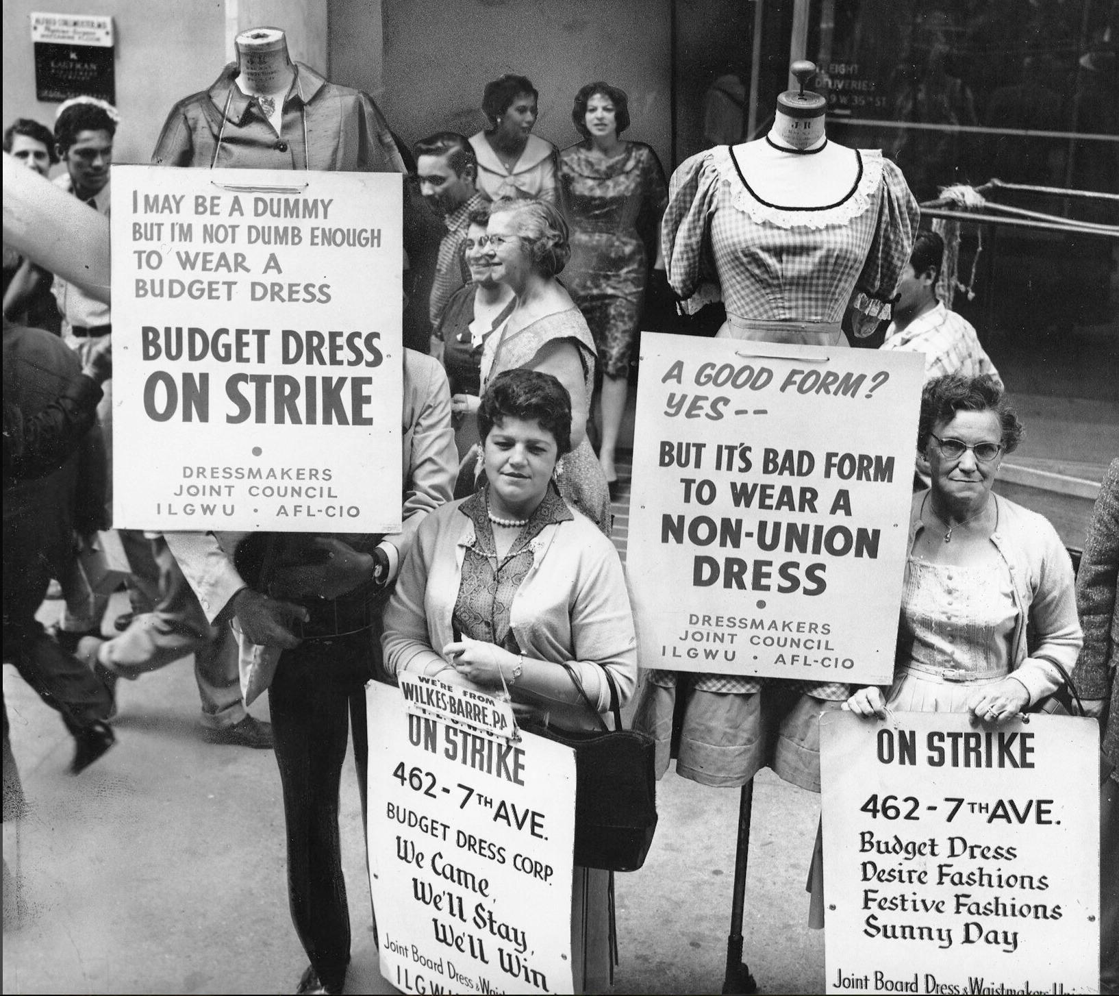 international ladies garment workers union dress OnThisDay in September 1958, Wilkes Barre, PA from the Workers picketed Budget Dress. Pictured are unionized workers with mannequins and holding placards announcing that Budget is Hell rosa