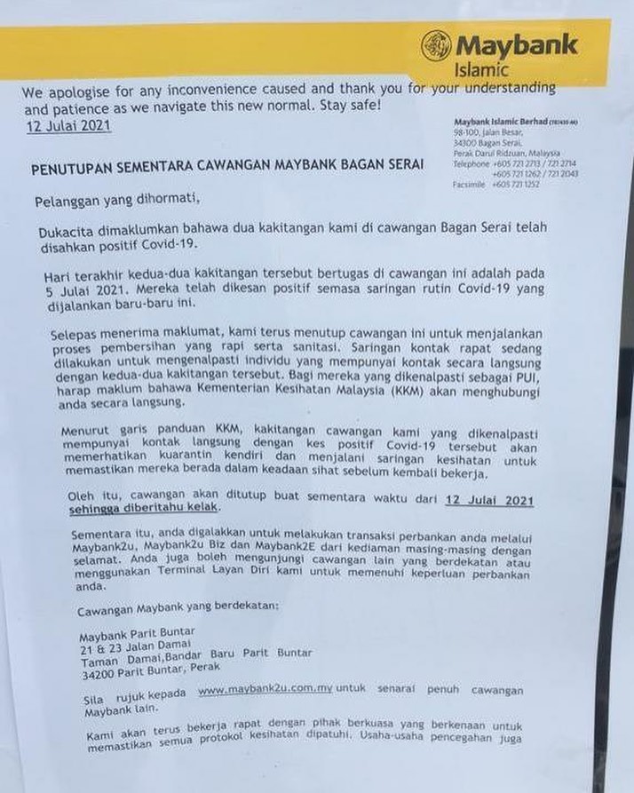 I Am Parit Buntar Penutupan Sementara Maybank Cawangan Bagan Serai Berikutan 2 Kakitangan Telah Dijangkiti Covid Facebook
