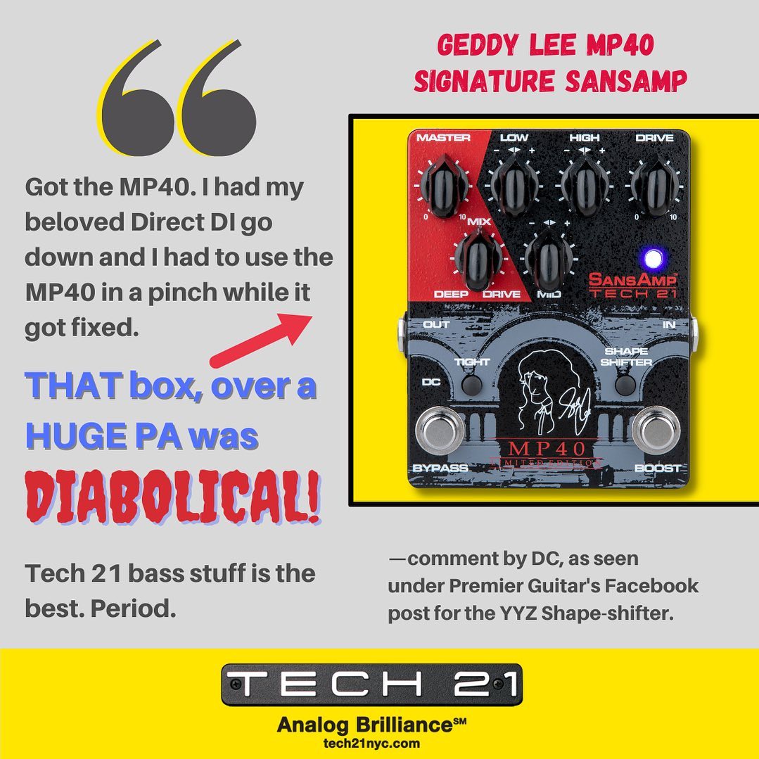Geddy Lee holding his new Tech 21 NYC YYZ Shape-Shifter pedal