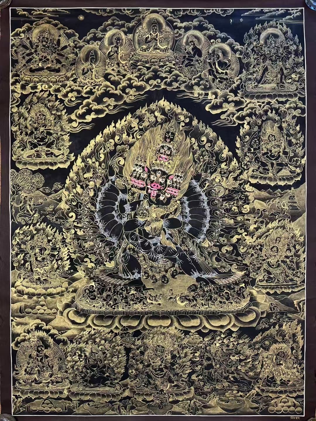 純手描き唐卡 大威徳金剛 額装済み チベット美術 33×23cm 厄除け 開運 大尺幅经典黑金高品质【大威德金刚】 画芯尺寸73*100cm，尼泊尔唐卡