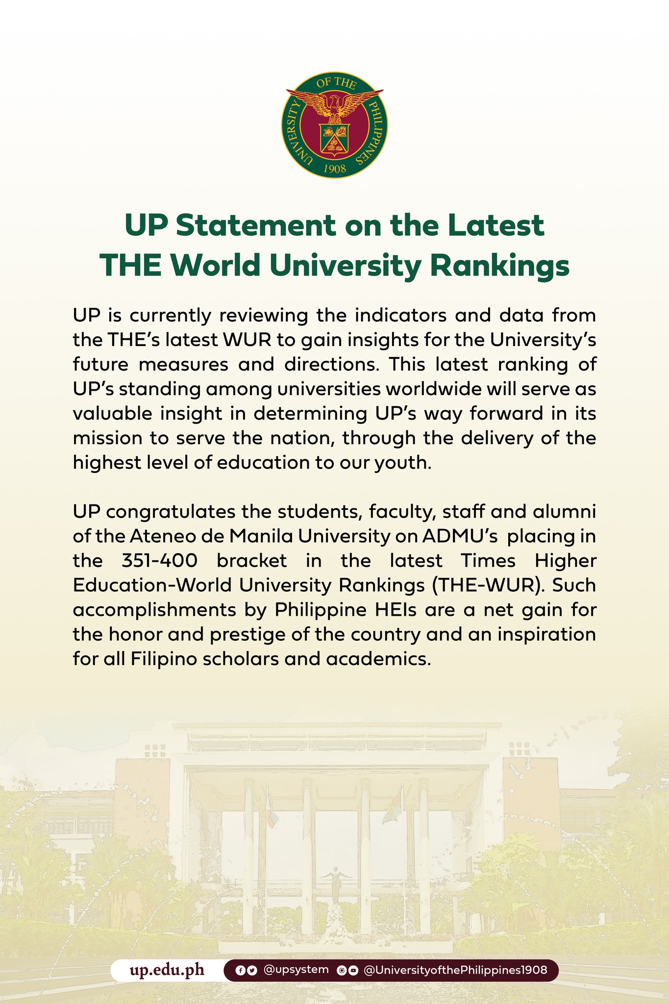 This latest ranking of UP’s standing among universities worldwide will ...