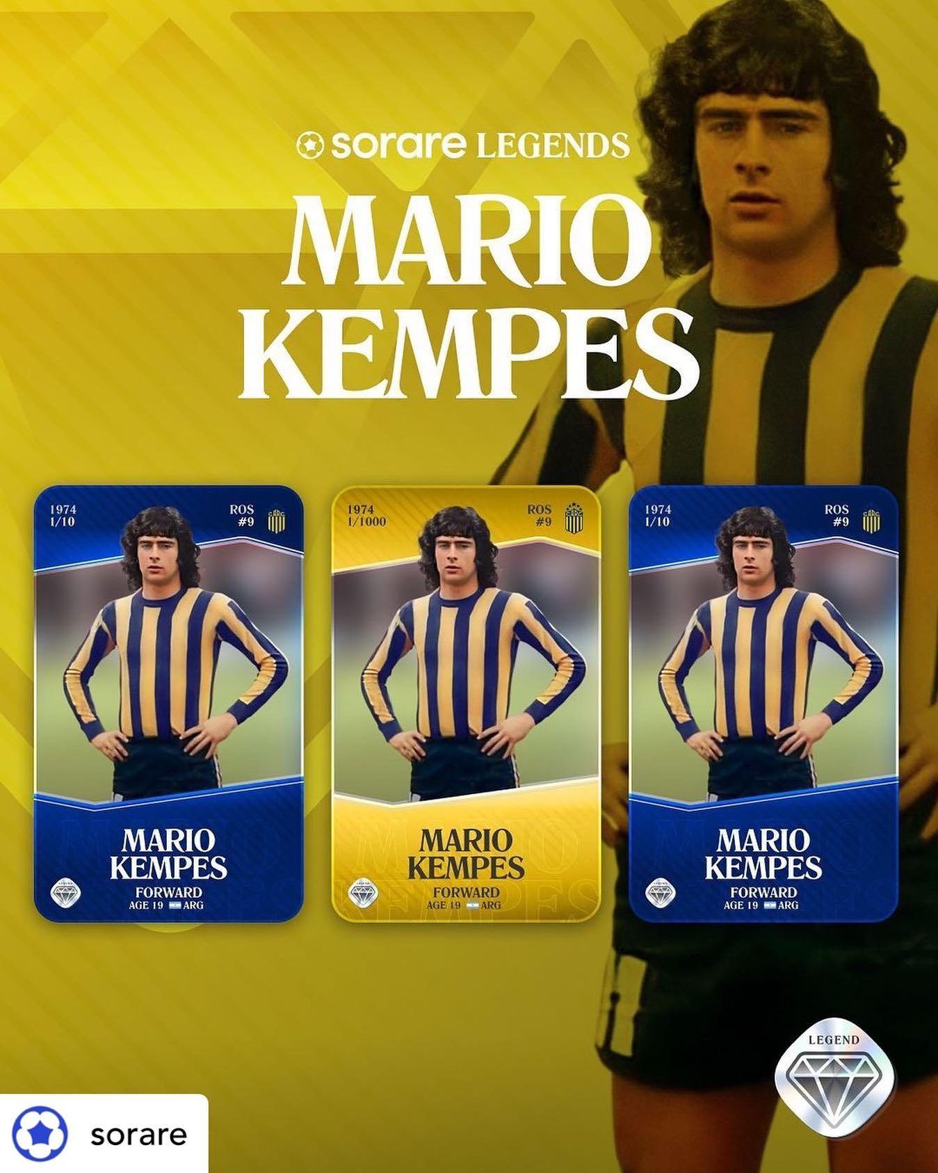 The great Mario Kempes is the newest Sorare Legend with his 1974