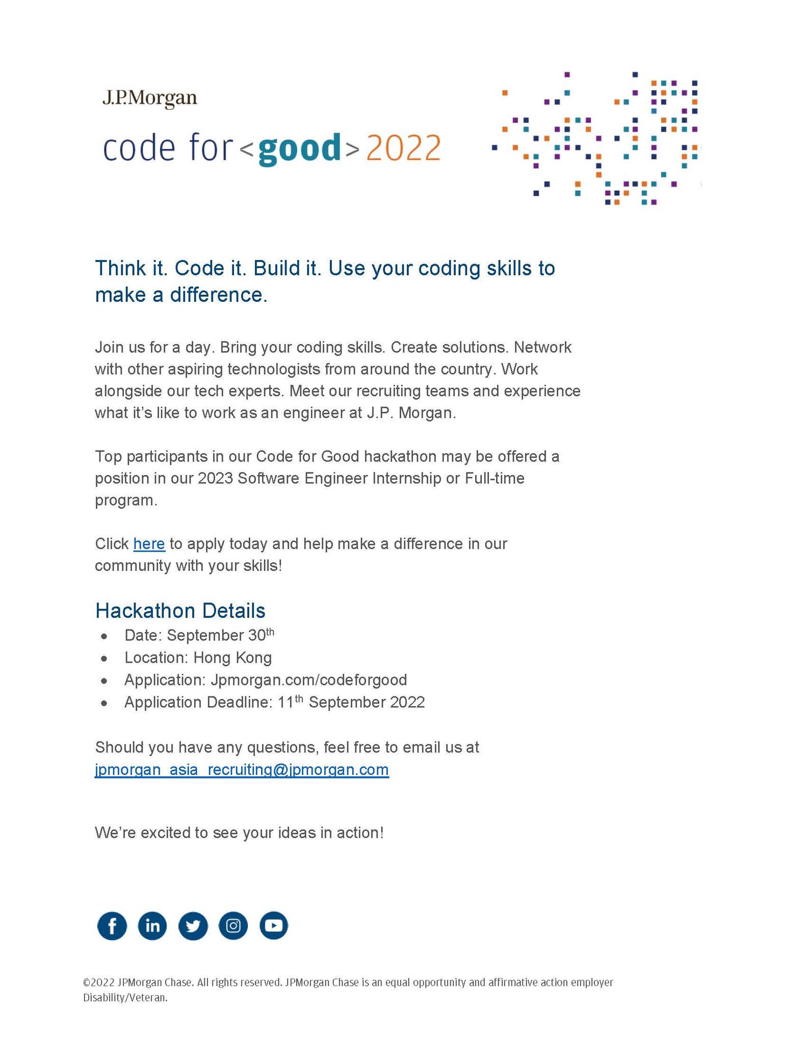 【摩根大通–2022 Code for Good】 為期1天的編碼工作坊讓同學與技術人員和專家一起工作，親身體驗在摩根大通擔任工程師的感受 ...