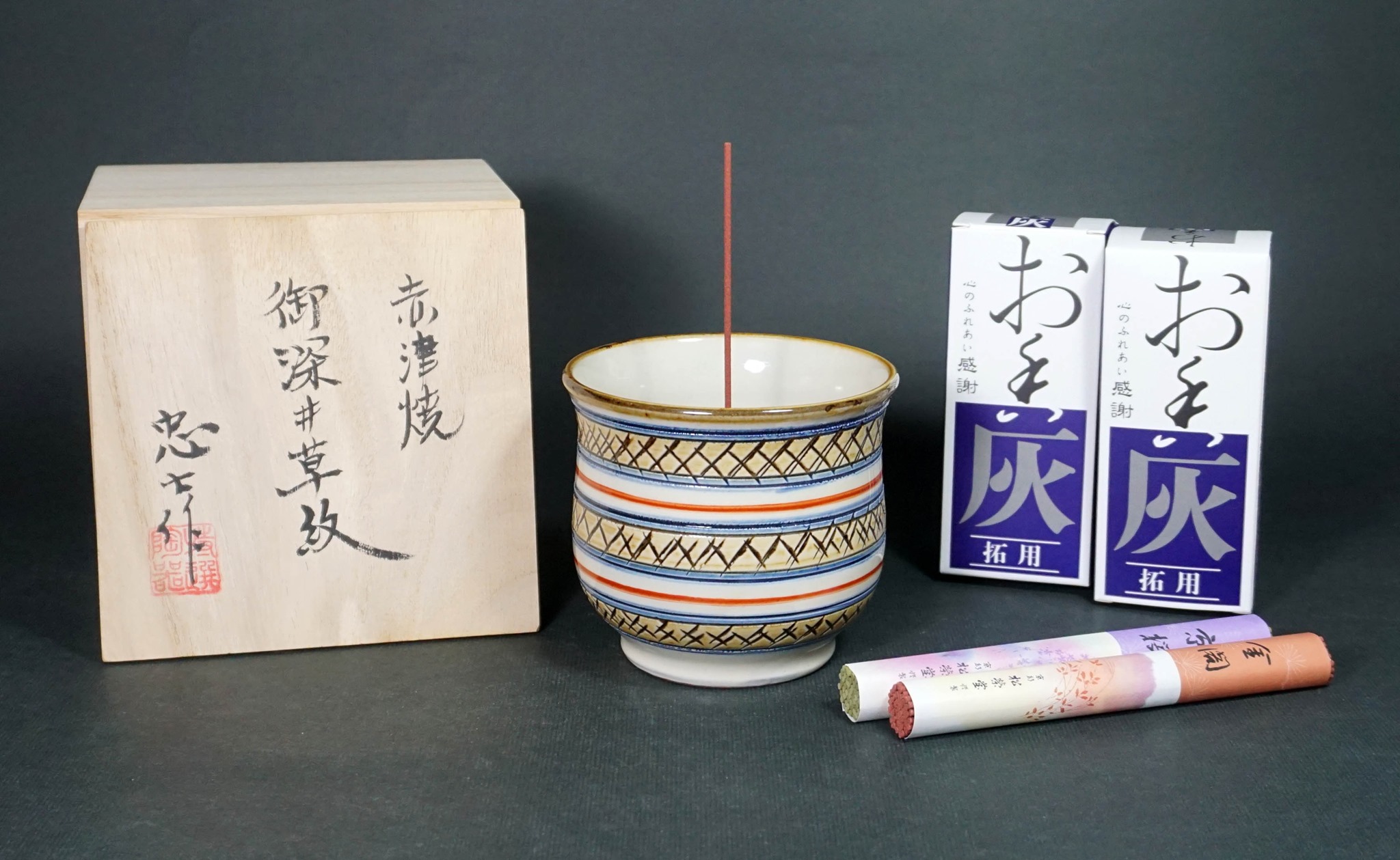 壹柒古物 - 日本 名陶器 愛知縣 赤津燒 忠士作 特殊 刮刀凹雕技法 色繪 火入 香道具組...