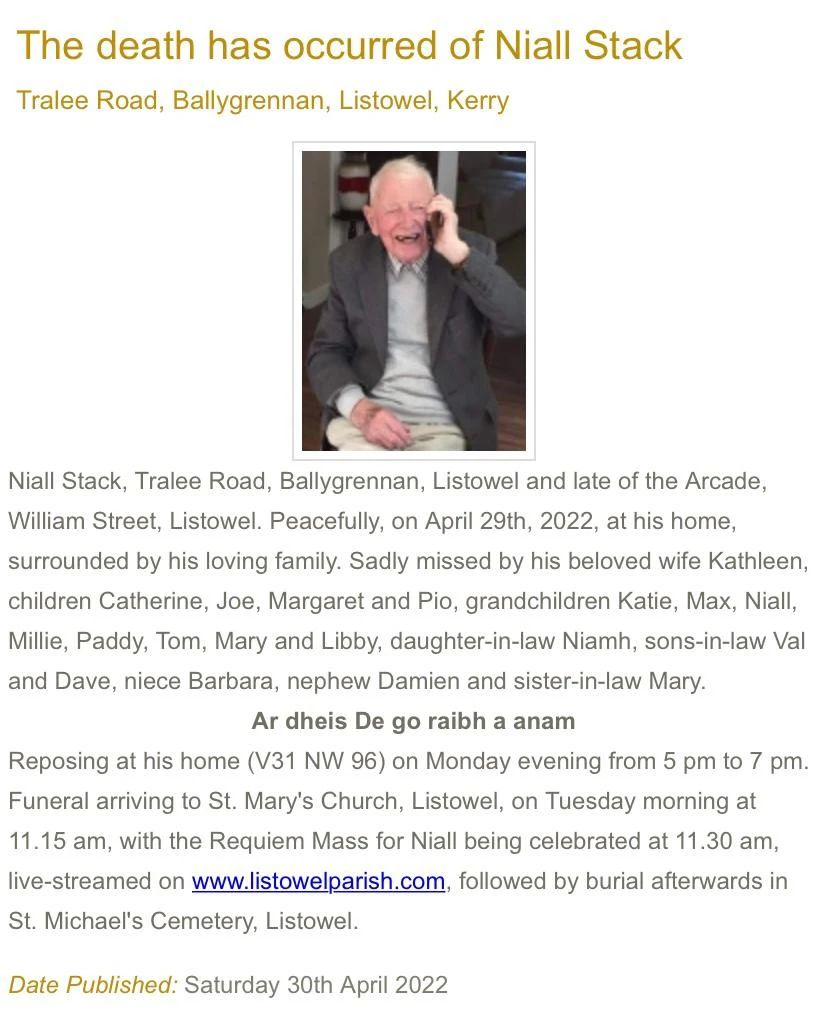 Stacks - Sad to share the news of the passing of my uncle Niall Stack ...