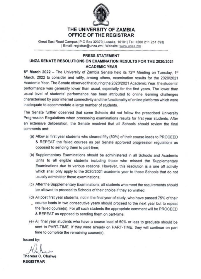 UNZA Senate resolves that... - The University of Zambia -UNZA | Facebook