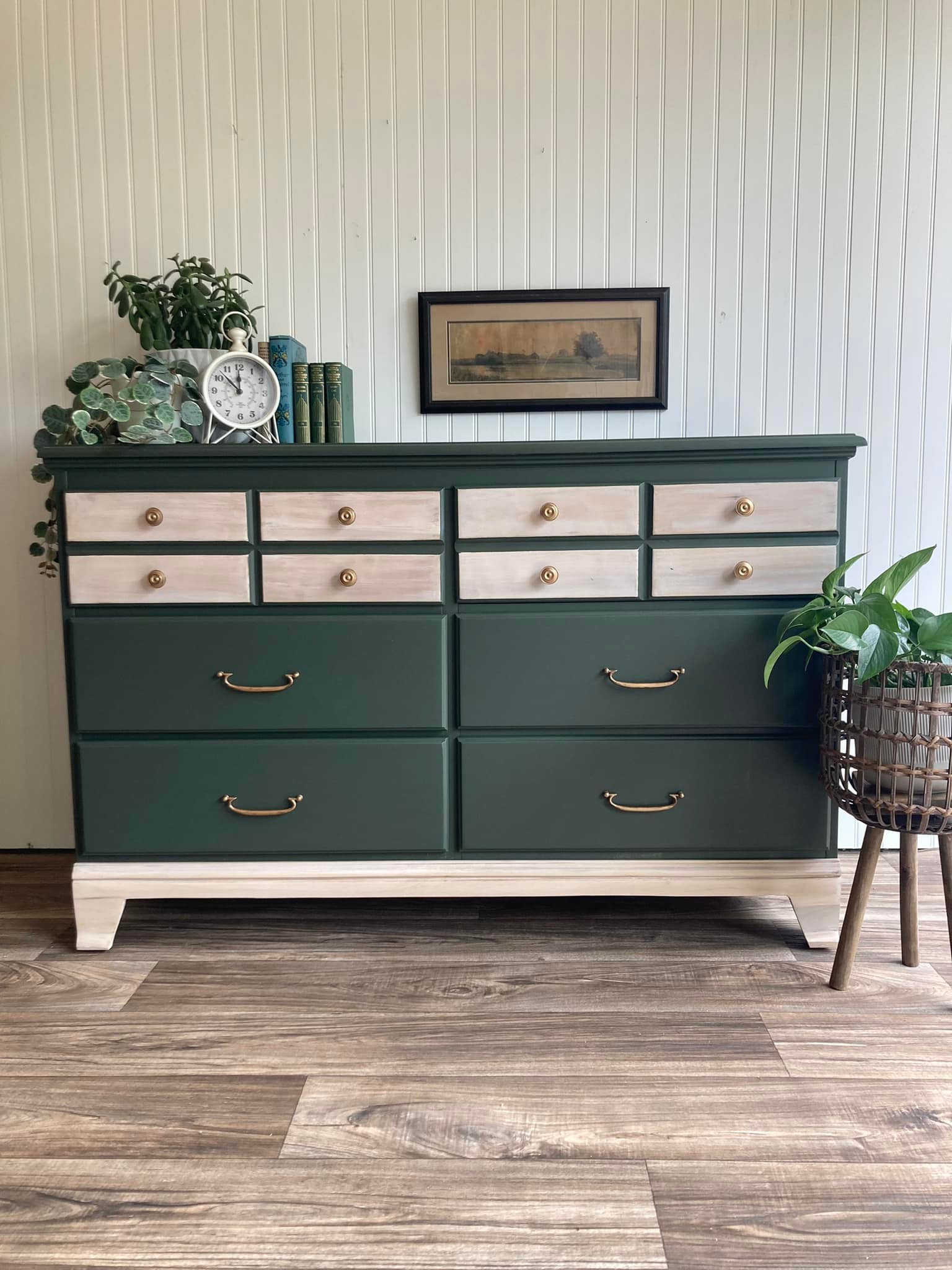 two tone dresser green Two-tone 5-drawer has a sage painted frame with natural cherry wood drawer fronts and top. The unit has brass hardware with different pull designs. The bottom three drawers have length:Long