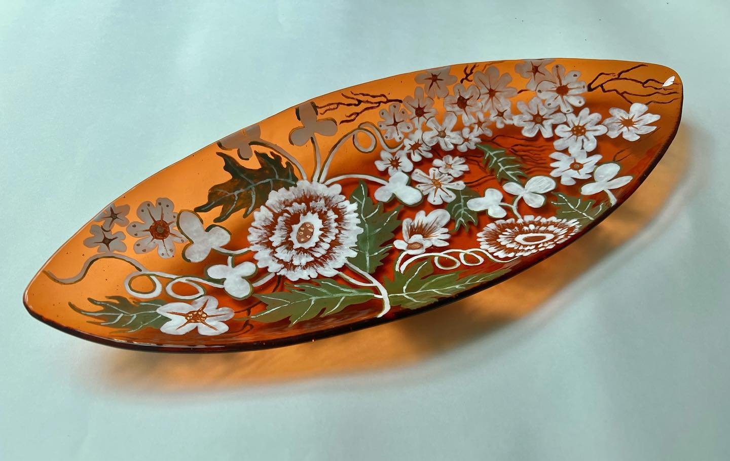 Handmade 15x12 fused glass platter with blue and yellow glass