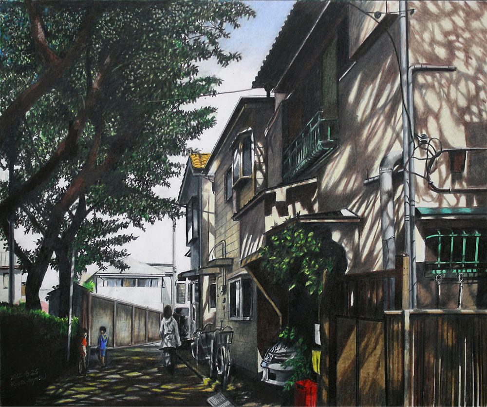 新シリーズ、新座市の風景。 老木と神社 新座市野火止/色鉛筆