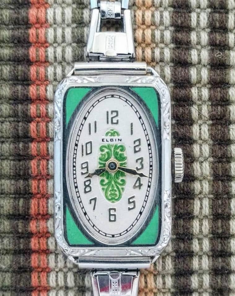 Left: Elgin model 111 ladies watch with green enamel, c1929 Right