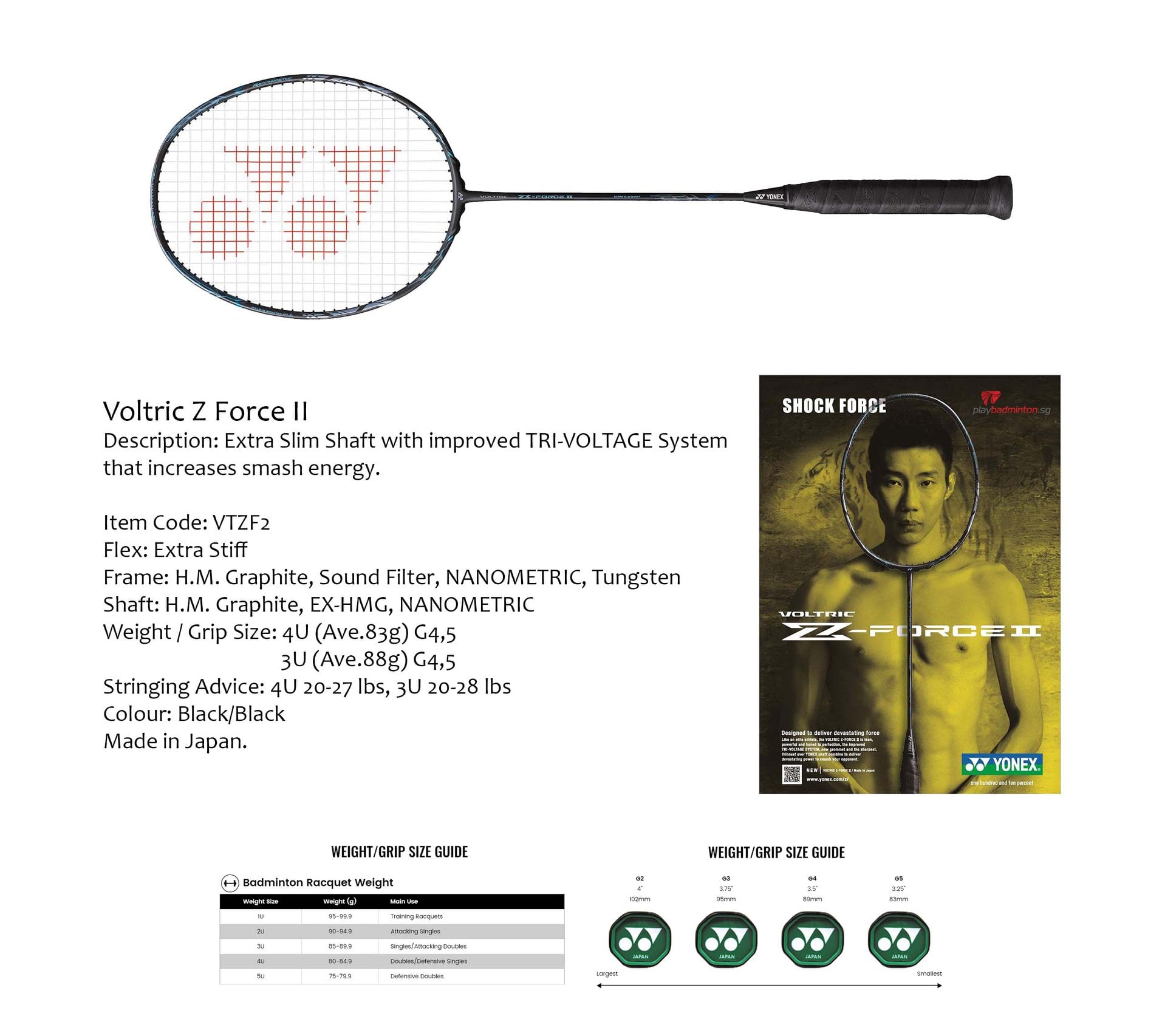 Yonex Voltric Z-Force II (Black) Weight/Size: 3UG5 & 4UG5 Grab it 