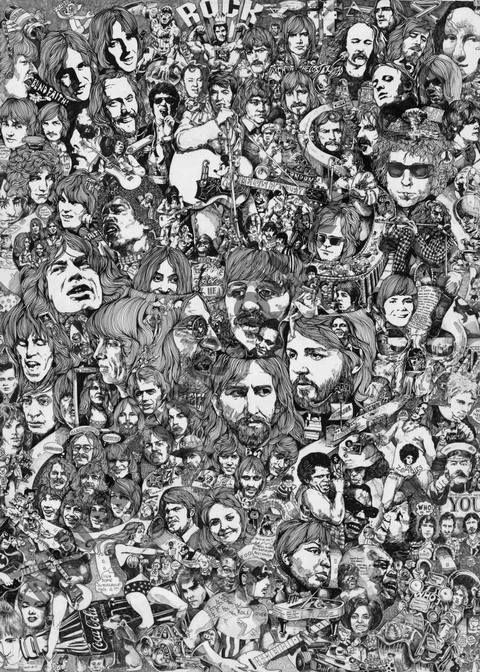 Dessin Collage Vintage Terry Quirk 1982 - Mafia & Mona Lisa En Noir Et Blanc