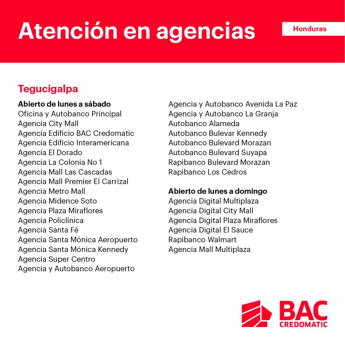 BAC Credomatic - Te compartimos el horario y agencias...