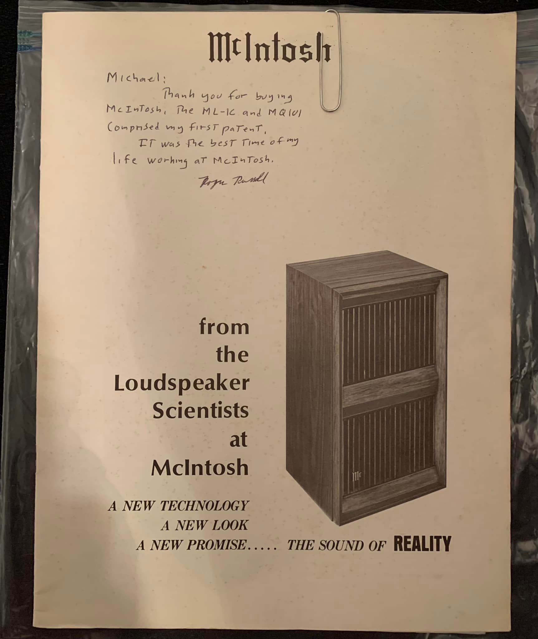 Roger Russell's note in vintage McIntosh speaker manual