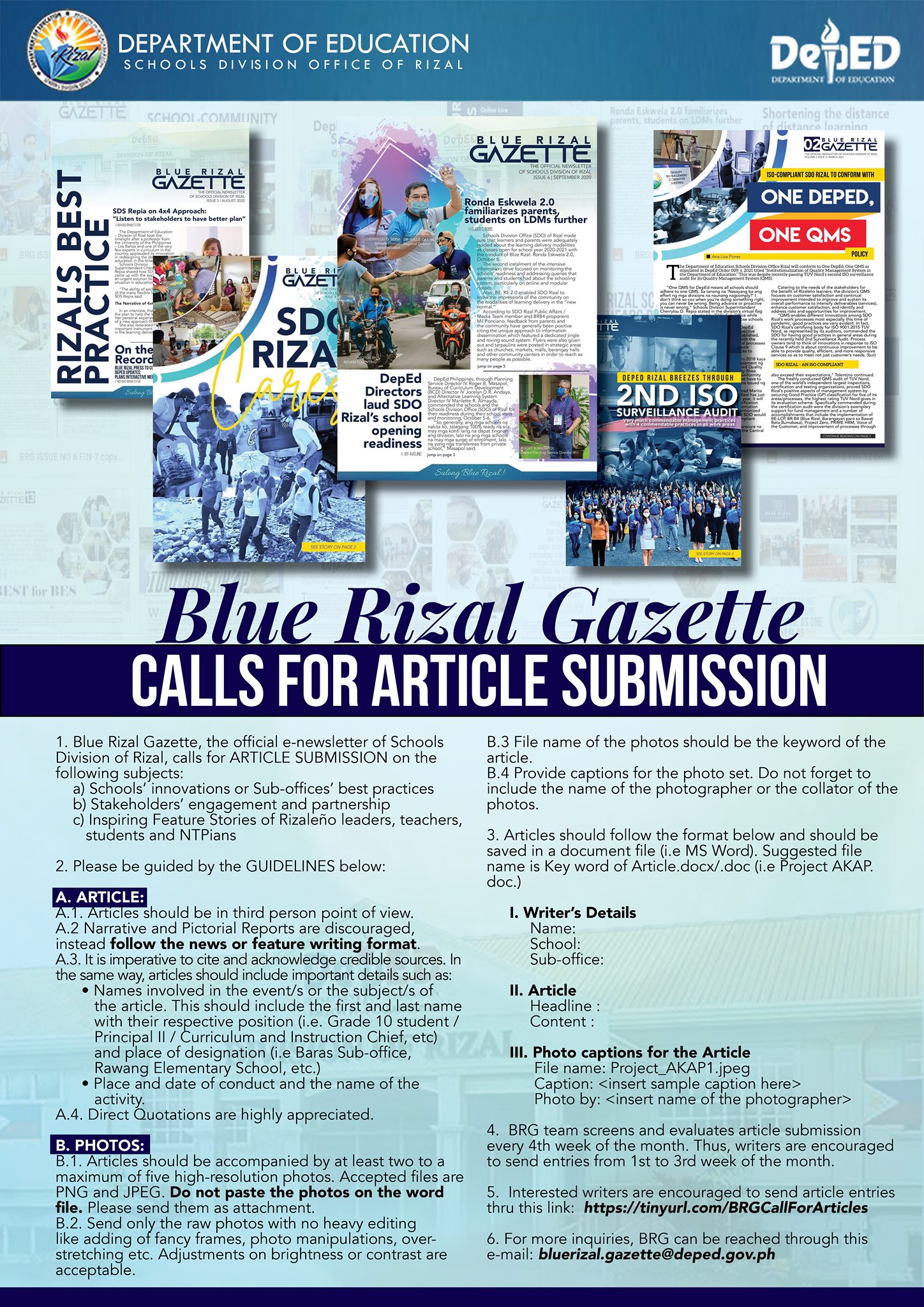 DepEd Tayo Rizal Province - CALL FOR ARTICLES Blue Rizal Gazette, the ...
