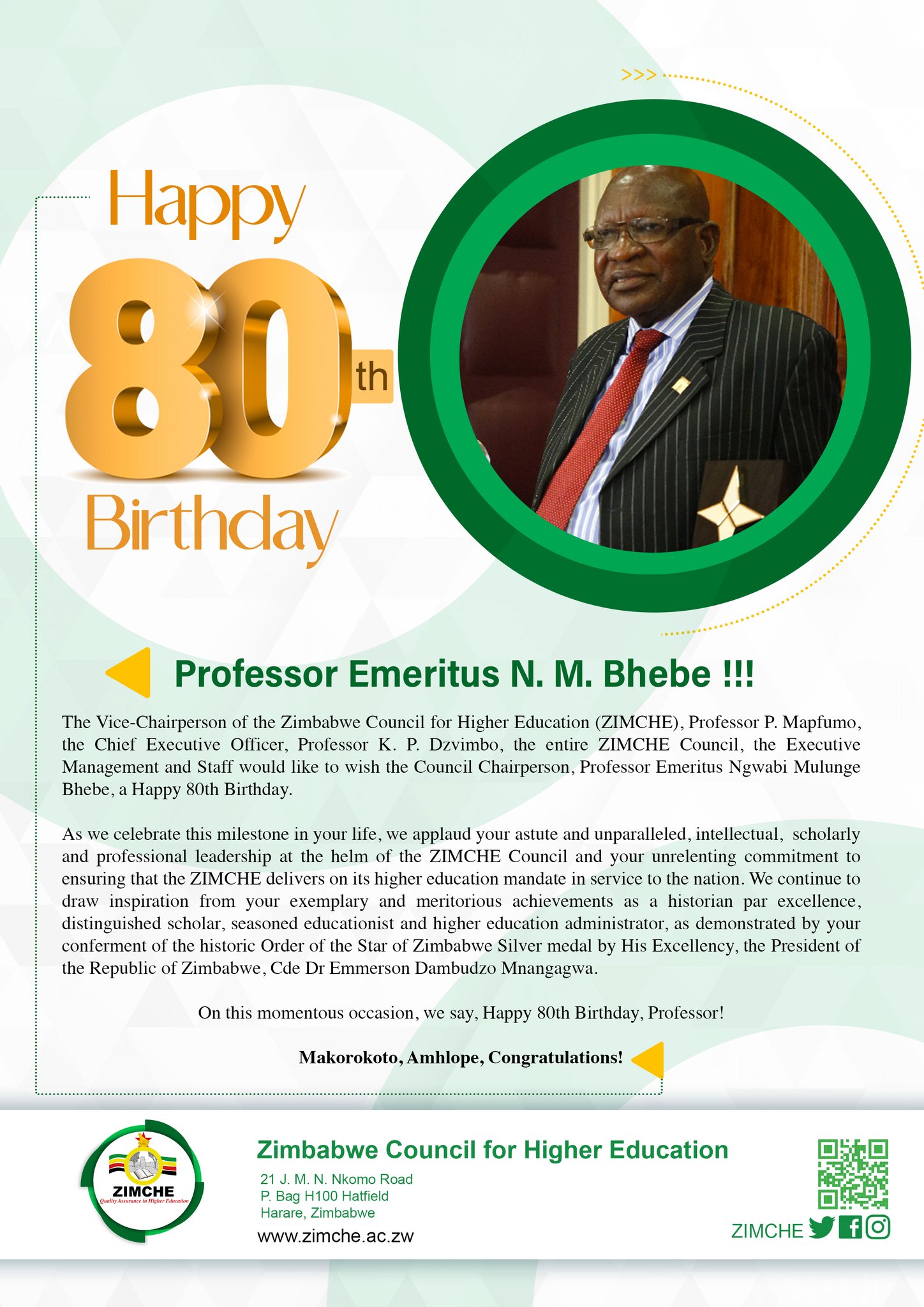 Happy 80th... - Zimbabwe Council for Higher Education | Facebook