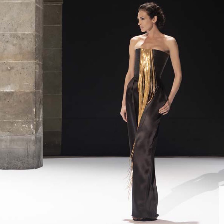 gold homecoming dresses 2024 Embroidered corset with leather and chains with wide pants in satin. @officialnievesa #ss21 #hautecouture #paris Simmie Sequin Dress