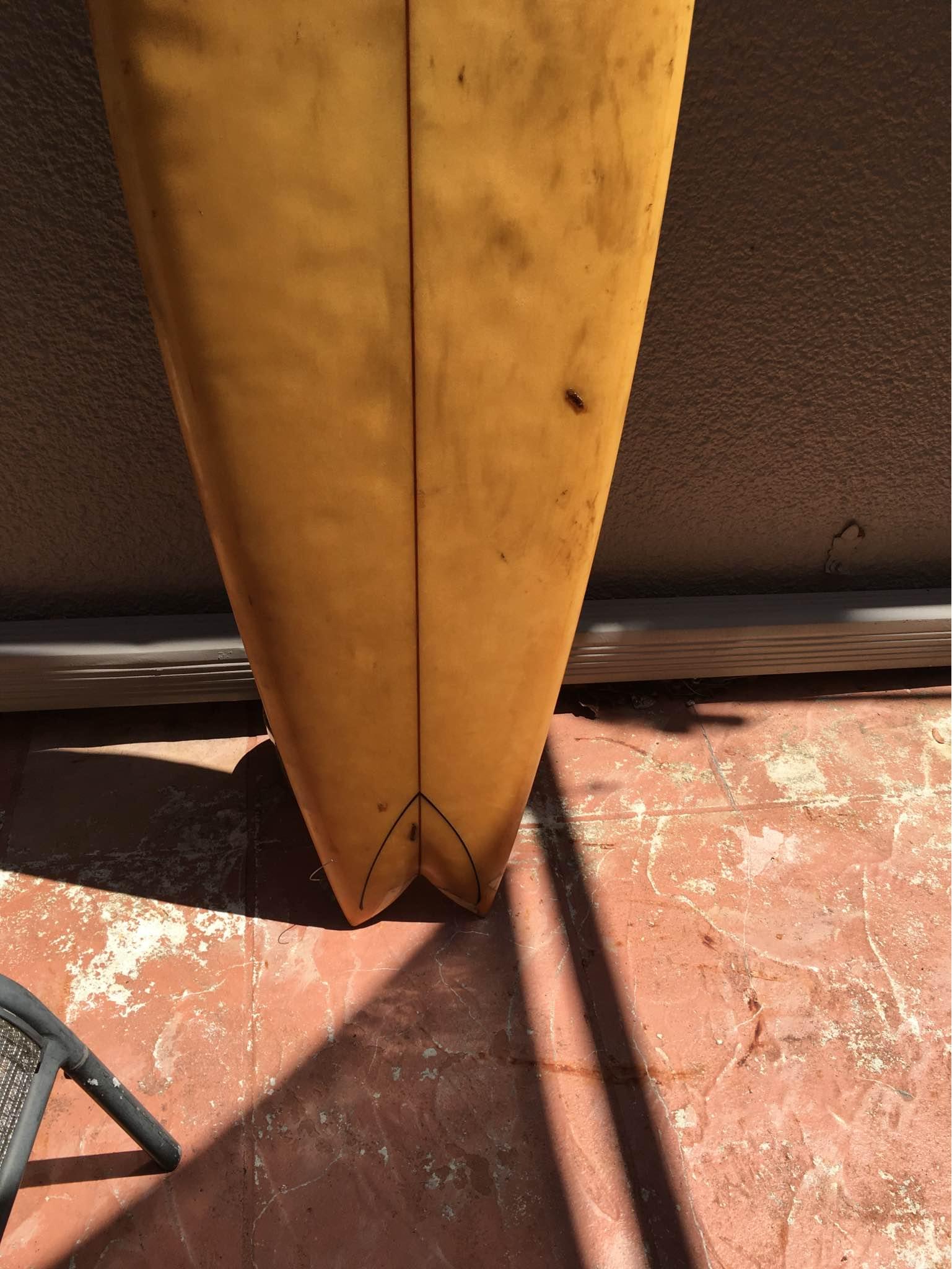 Classic 1970s Surfboard Claude Codgen (CC) Single fin fish. Double pin