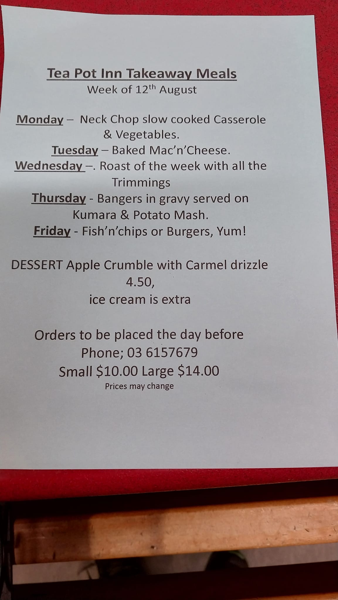 This is our takeaway menu for the... - Temuka Tea Pot Inn | Facebook