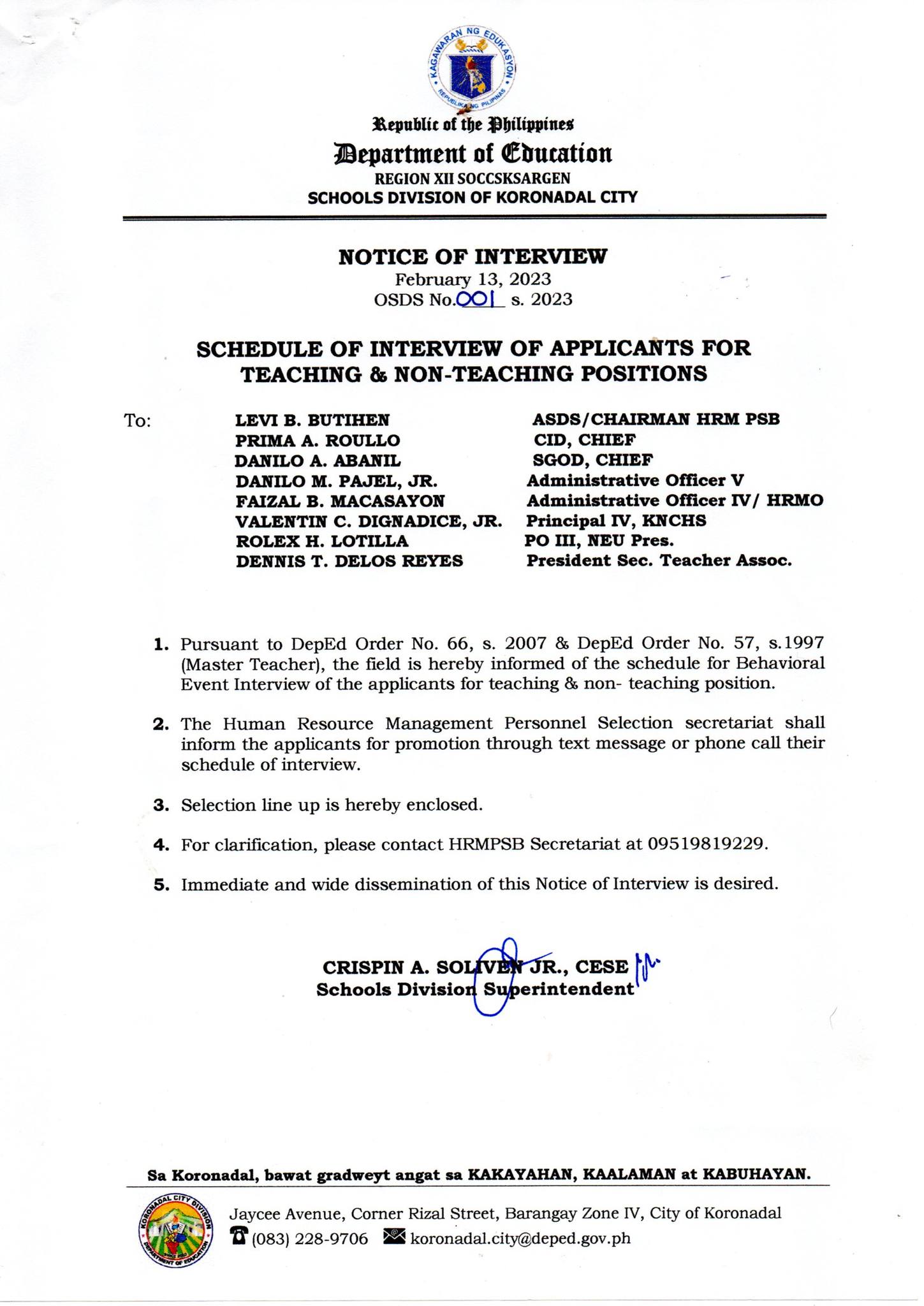 NOTICE OF INTERVIEW NO. 001,... - DepEd Tayo Koronadal City