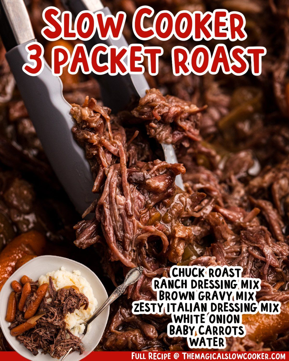 Slow Cooker 3-Packet Pot Roast- a tender, flavorful pot roast made with 3 packets: brown gravy mix, Ranch seasoning, and Italian Dressing mix. Recipe :https://spicysouthernkitchen.com/slow-cooker-3-packet-roast