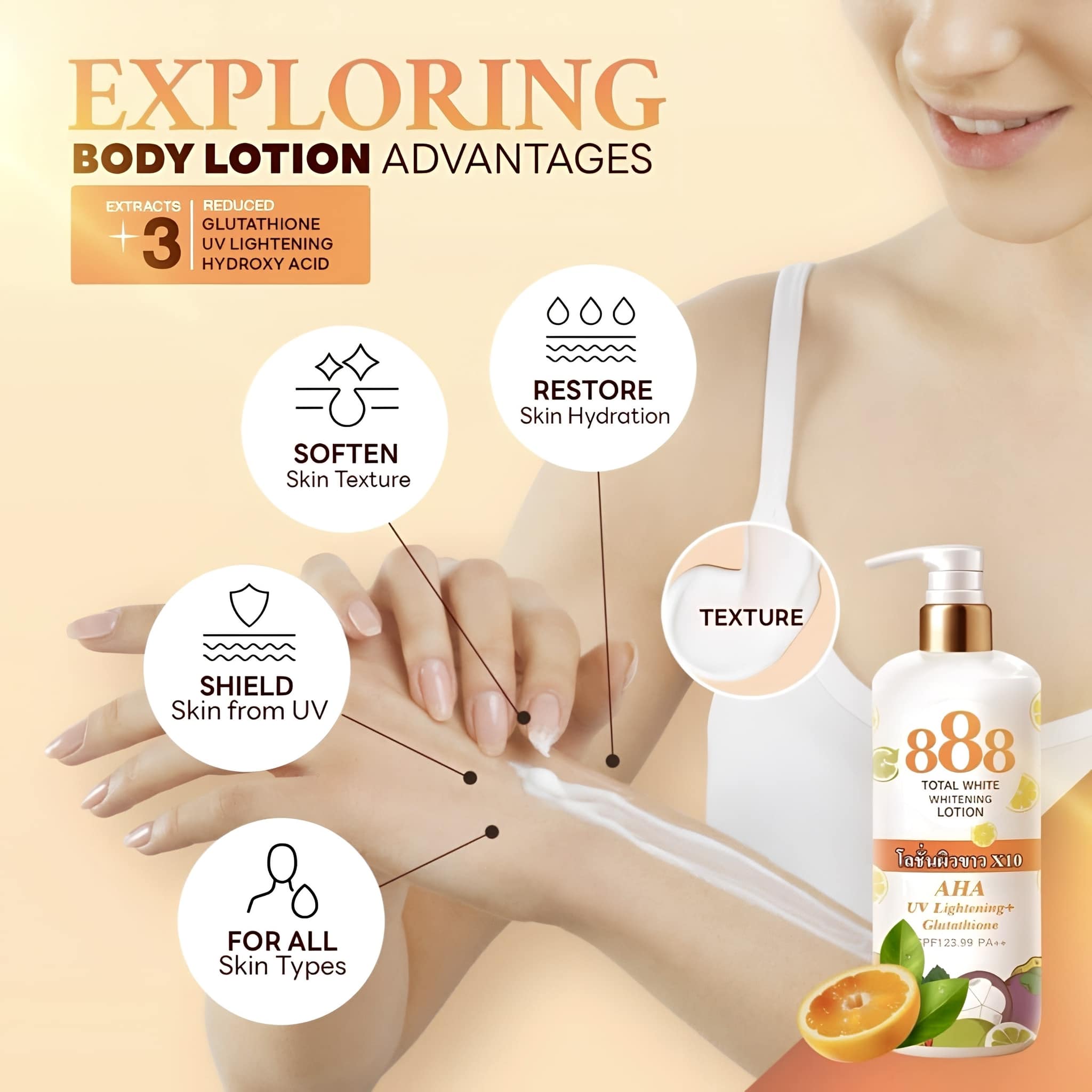 In 888 Total White Lotion — Surely you will get more than what you paying for ✨ Serving you a TOP-GRADE and PREMIUM Ingredients. 🍑 Supported by Clinical Data's — Product Analysis