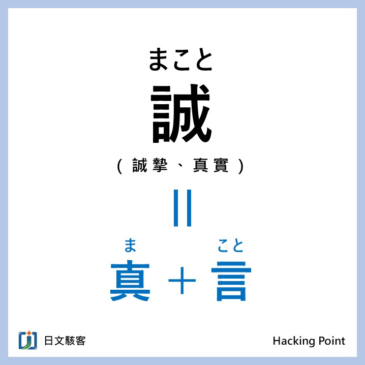 日文駭客 Jack - 《誠》讀音速記 「純正＋話語＝誠摯、真實」。原本為名詞，但現代多以副詞形「誠に」使用。...