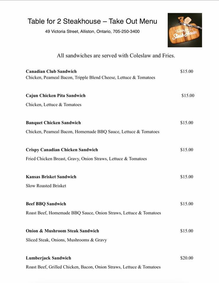 Table for 2 - Our New Takeout Menu available for order. We...