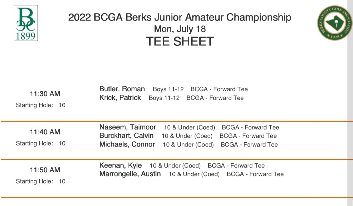 Tee sheet for the BCGA... - Berks County Golf Association | Facebook