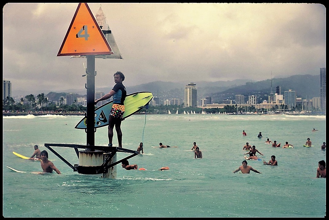 Marvin Foster 'Pole-Surf', Ala Moana . . . July 1985 Photo: Tom Boyle