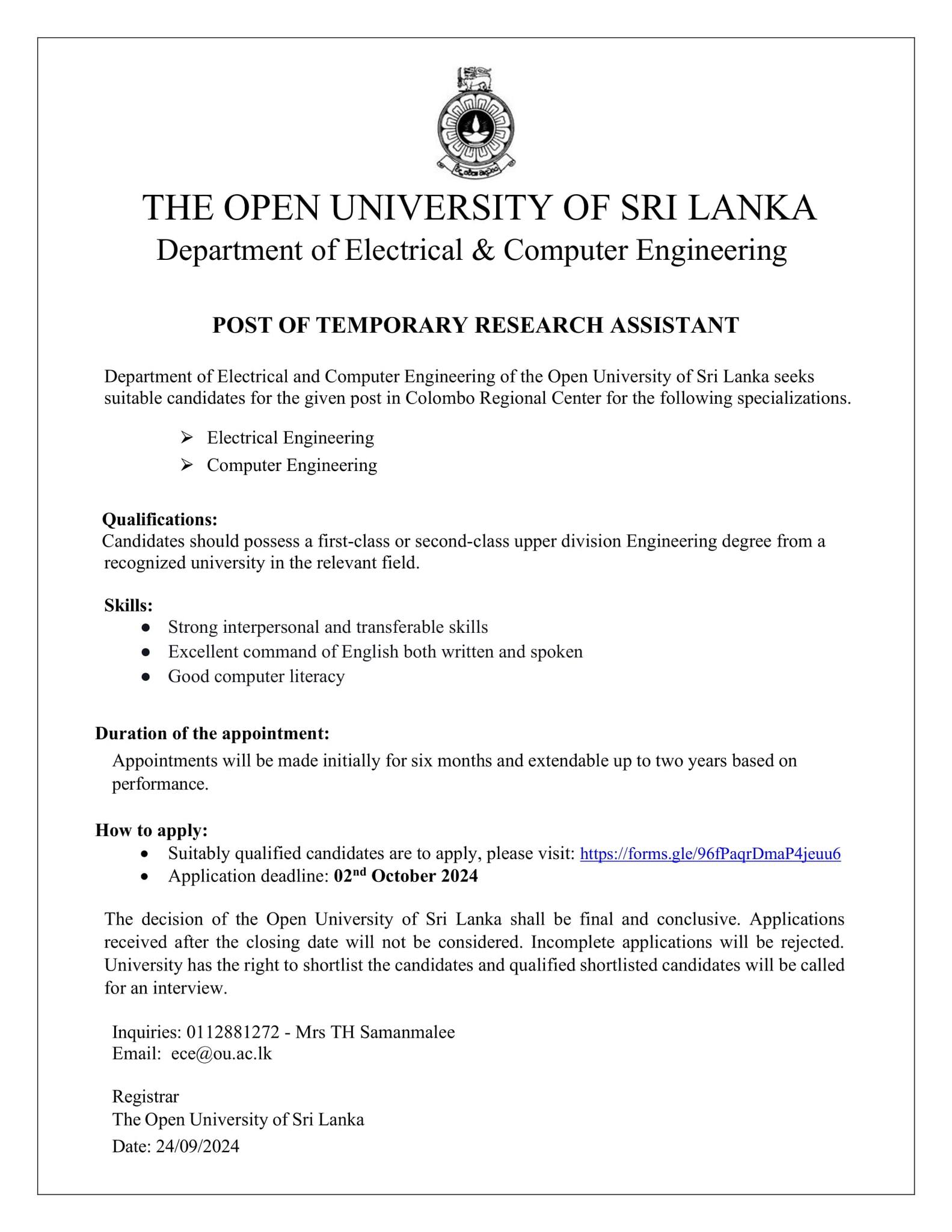 Electrical and Computer Engineering - OUSL | Nugegoda
