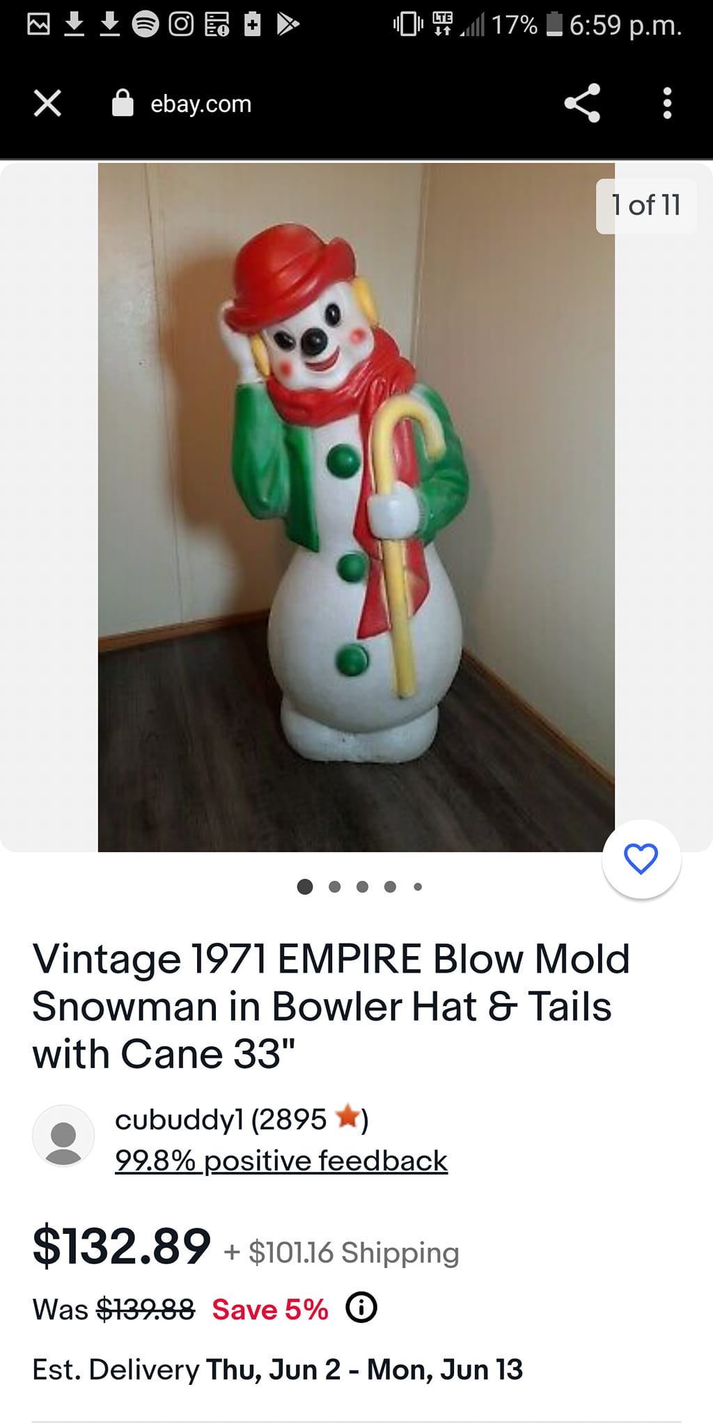 Vintage 1971 Empire snowman blow mold withstands New Jersey winter
