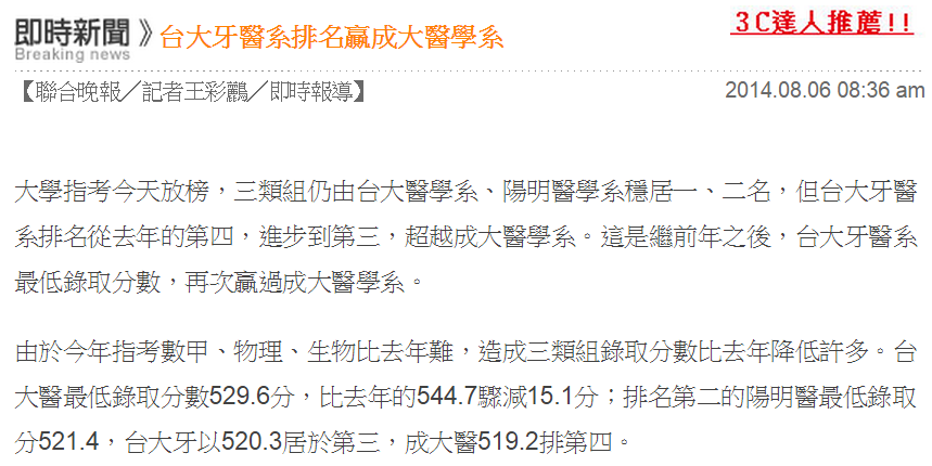 醫勞盟 驚 台大牙醫系排名贏成大醫學系 大學指考今天放榜 三類組仍由台大醫學系 陽明醫學系穩居一 二名 但台大牙醫系 排名從去年的第四 進步到第三 超越成大醫學系 這是繼前年之後 台大牙醫系最低錄取分數 再次贏過成大醫學系 由於今年指考數甲 物理