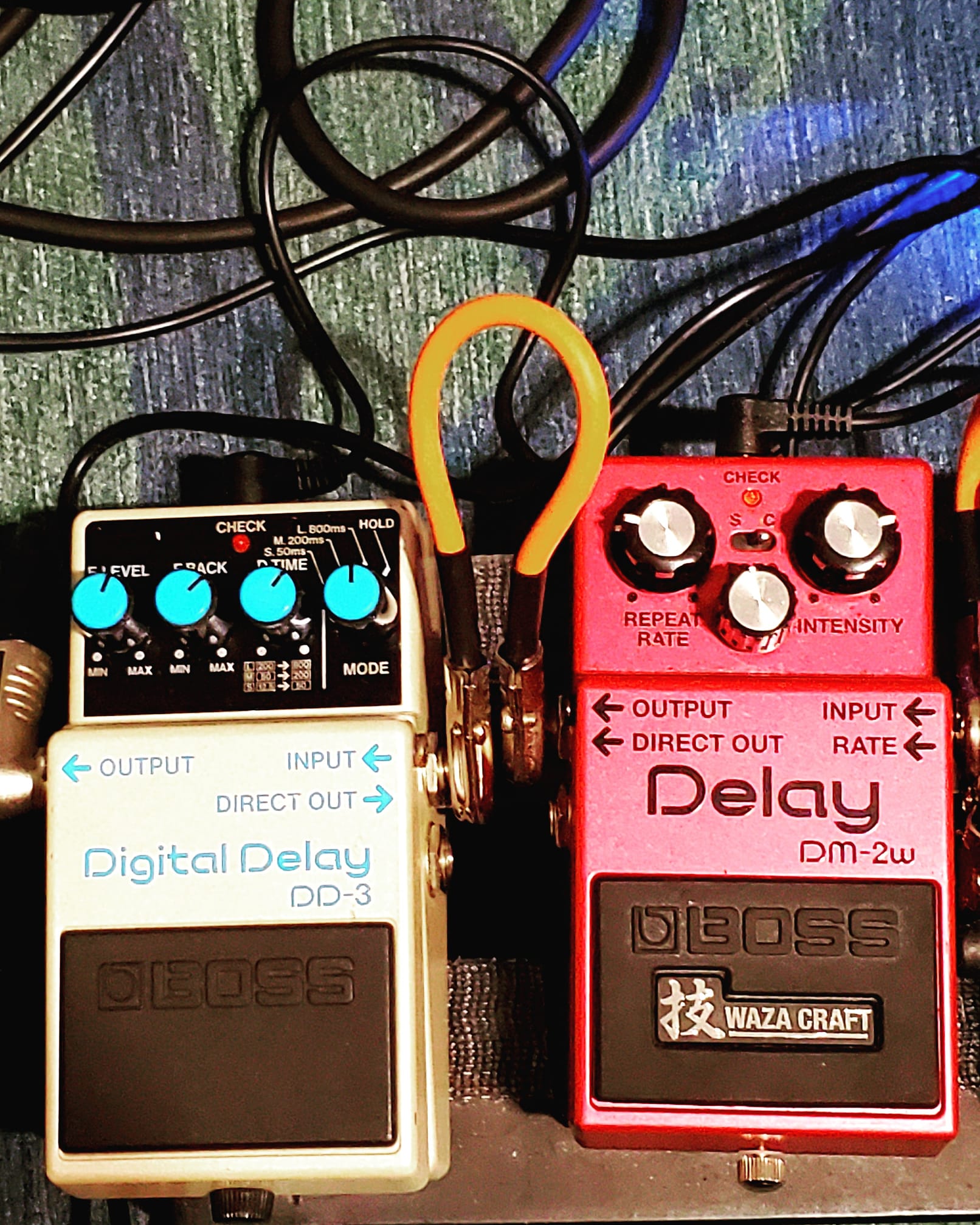 Vintage pedalboard with Boss DD2 and DM3 delays and MXR Phase 90