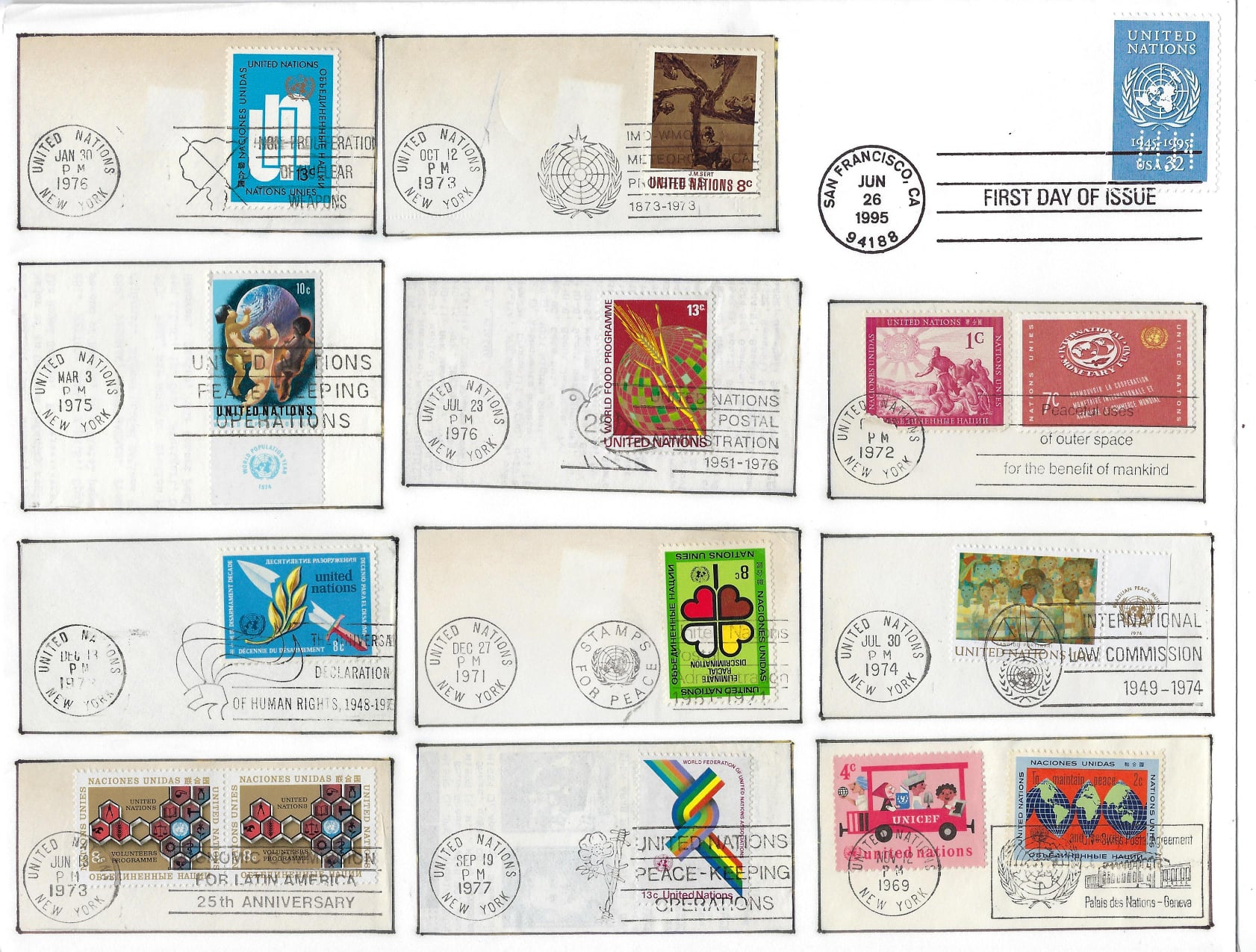 United Nations 1995 stamp collection from New York, Geneva, and Vienna