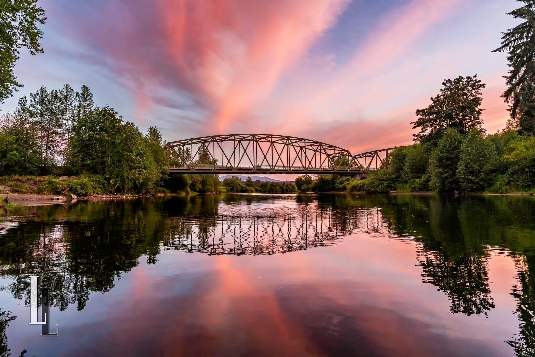 Tolt Hill Bridge sunset over Snoqualmie River