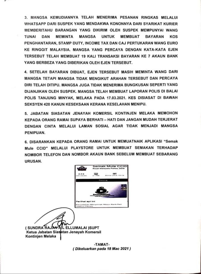 Polis Melaka Kenyataan Media Ketua Jabatan Siasatan Facebook