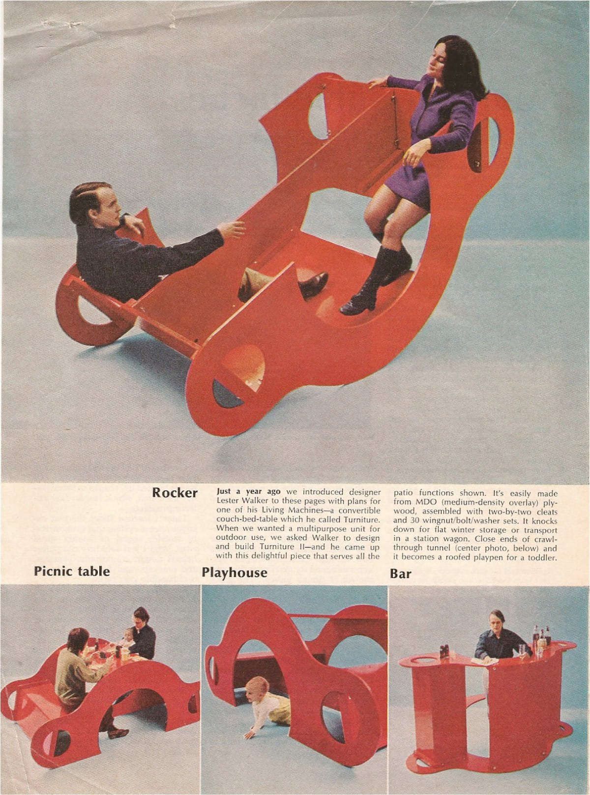 One object. Four lives. 🔄 Turniture II (1970) by Lester Walker flips between a rocker, picnic table, playhouse, and even a bar—a bold little “Living Machine” for the backyard. Built from MDO