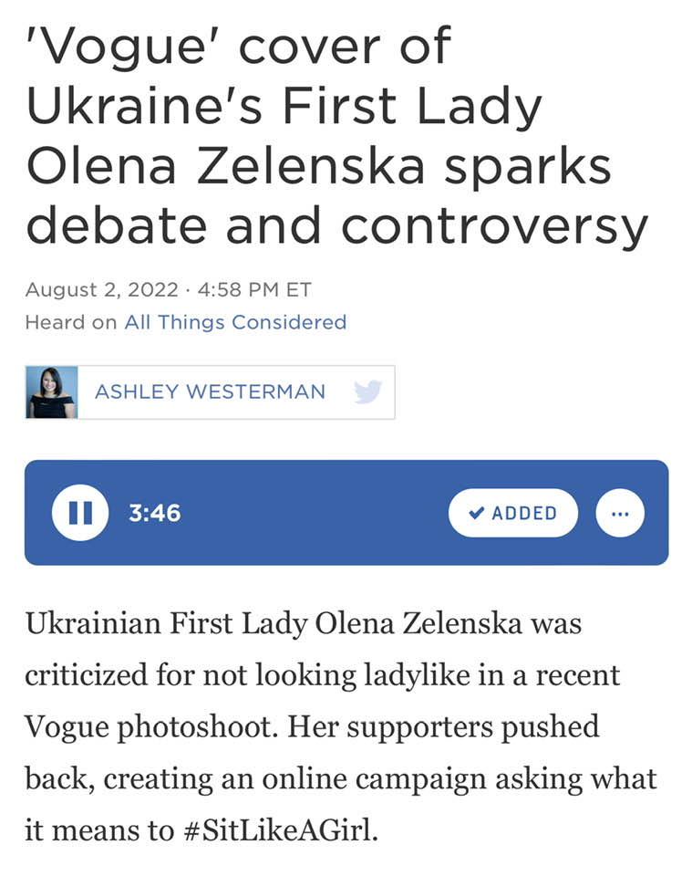 Ukrainian first lady Olena Zelenska was criticized for her pose on